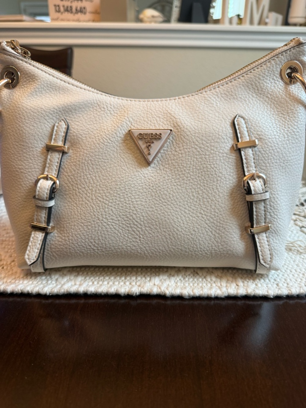 GUESS Cream Pebbled Leather Shoulder Hobo with Gold Accents